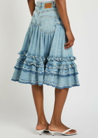 Ganni Frill Tiered Denim Midi Skirt Light Blue