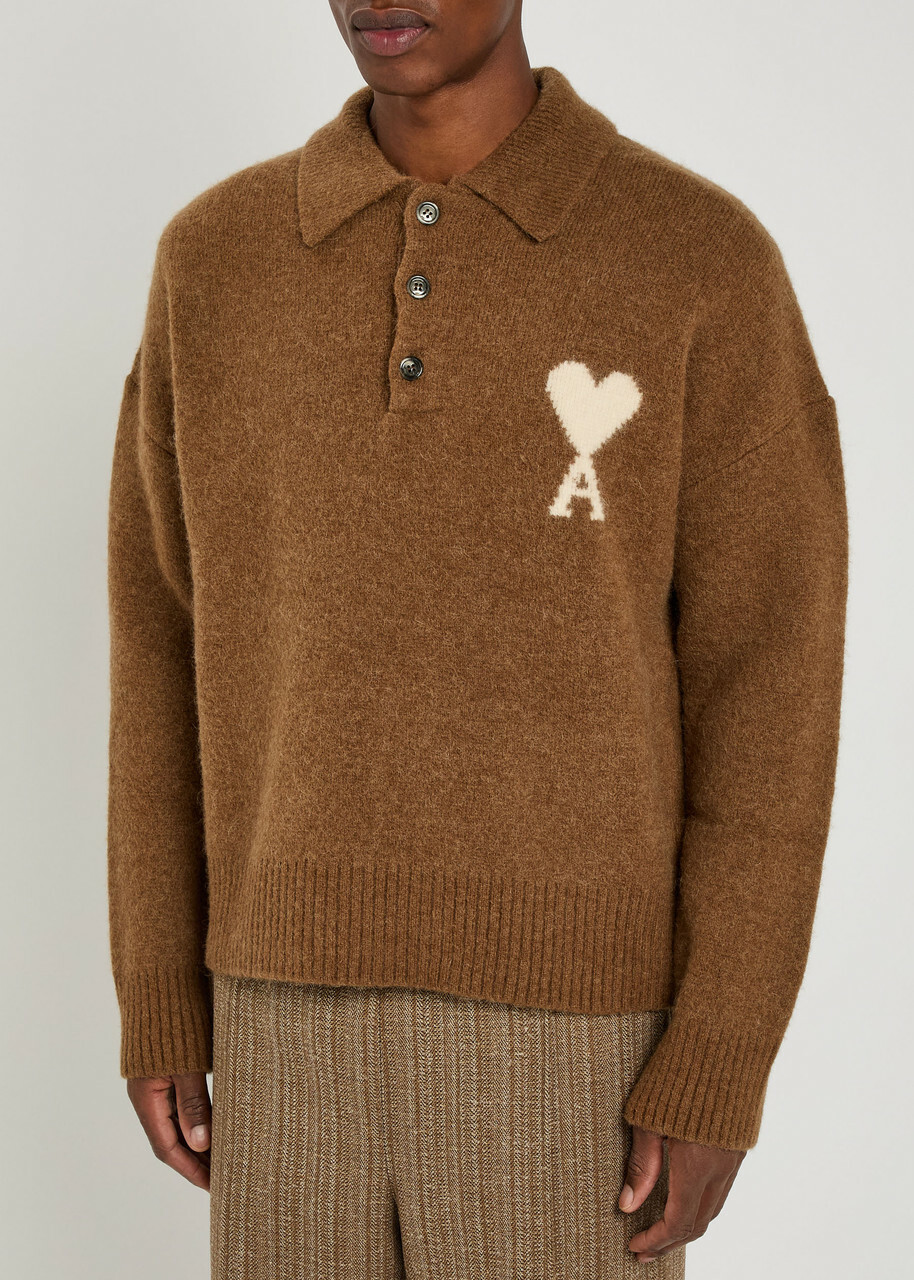 Ami Paris Logo-intarsia Alpaca-blend Polo Jumper Brown