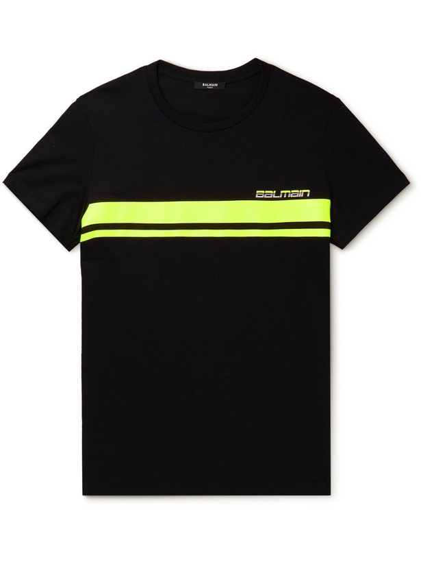 Photo: Balmain - Slim-Fit Logo-Print Striped Cotton-Jersey T-Shirt - Black