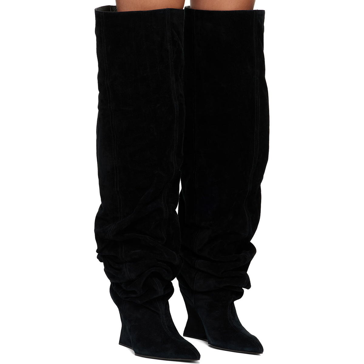 BALMAIN Black Suede Leather Wedge Thigh-High Boots