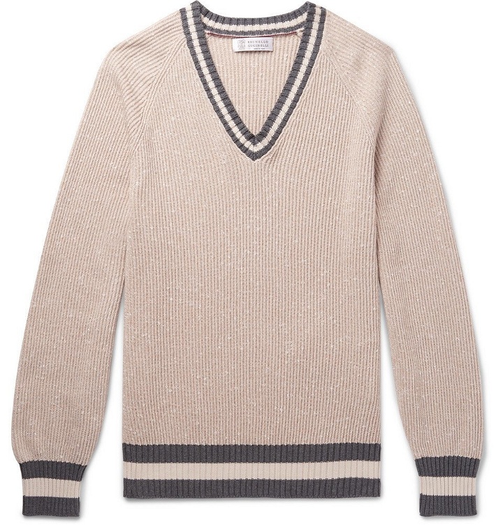 Photo: Brunello Cucinelli - Contrast-Trimmed Slub Cotton-Blend Sweater - Men - Beige