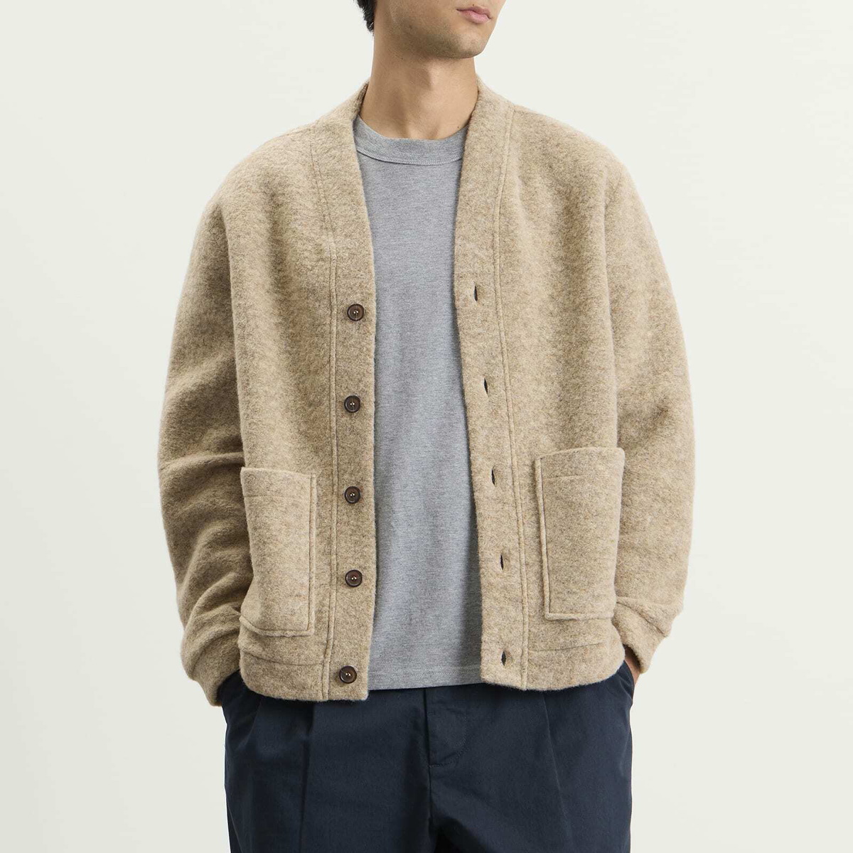 Universal Works Men's Wool Fleece Advance Cardigan in Fawn