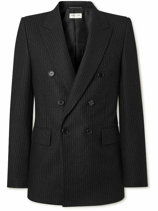 Photo: SAINT LAURENT - Double-Breasted Pinstriped Wool and Cotton-Blend Flannel Blazer - Black