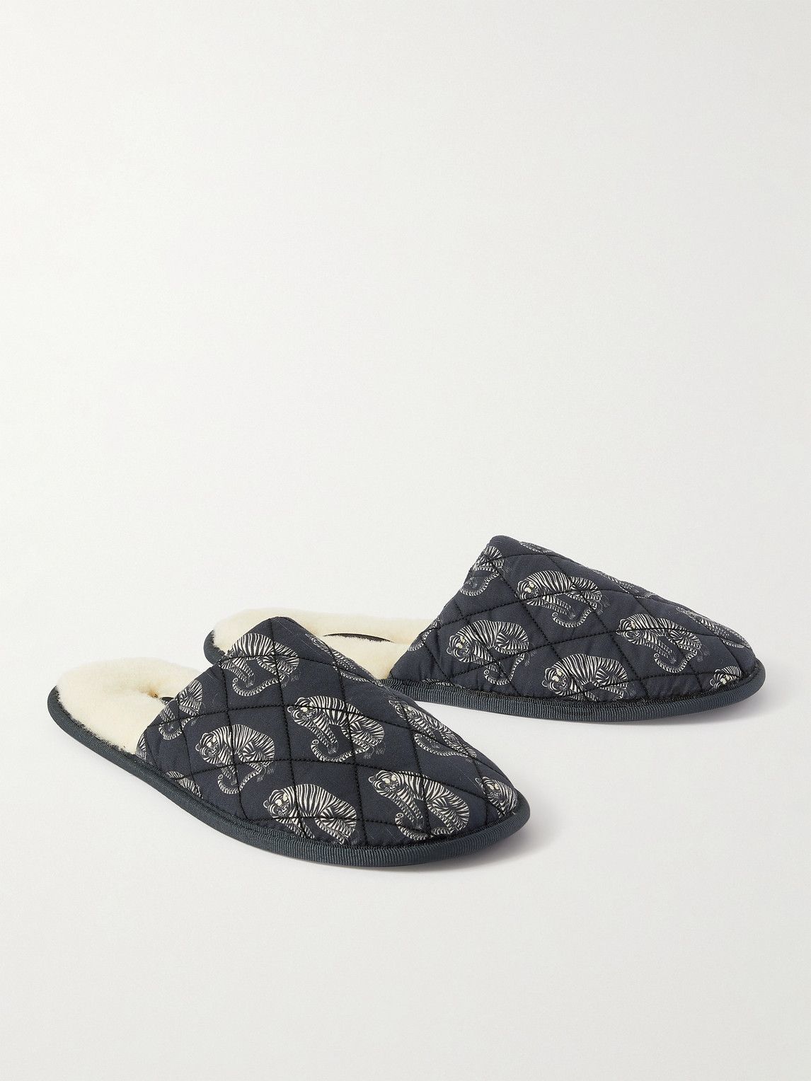 Desmond & Dempsey - Byron Wool-Lined Quilted Printed Cotton Slippers - Black