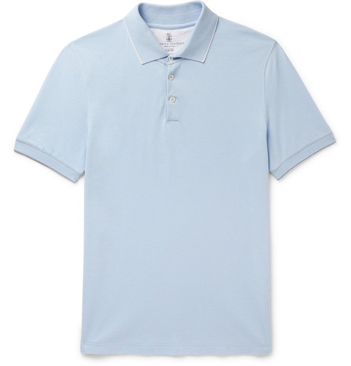 Photo: Brunello Cucinelli - Contrast-Tipped Cotton-Piqué Polo Shirt - Blue
