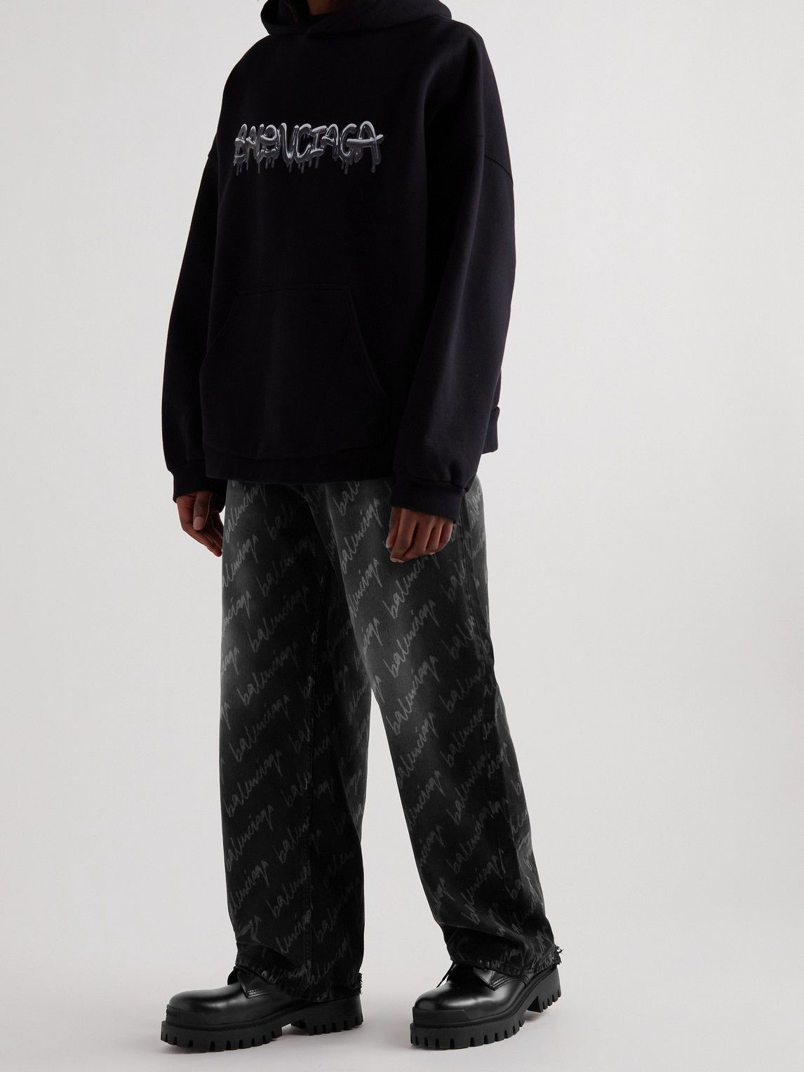 Balenciaga - Wide-Leg Distressed Logo-Print Jeans - Black Balenciaga