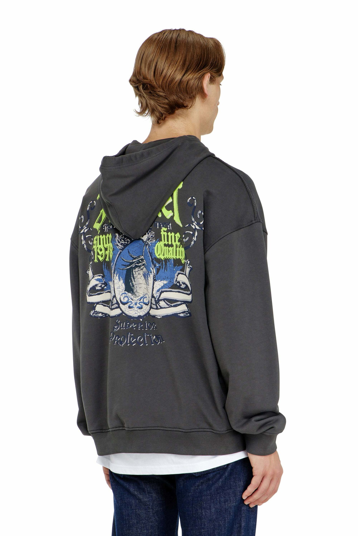 Diesel Cotton hoodie with flocked graphics - Sweaters Mens in Grey