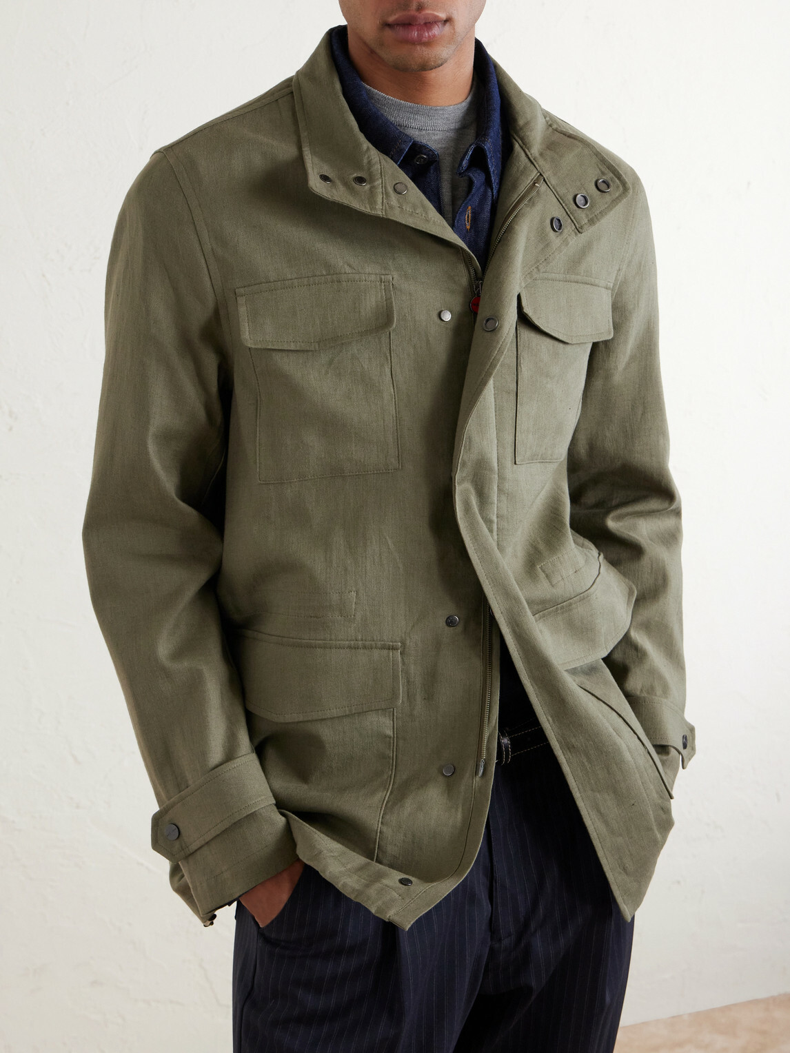 Kiton - Suede-Trimmed Linen Field Jacket - Green