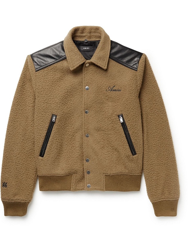 Photo: AMIRI - Leather-Trimmed Logo-Embroidered Boiled Wool-Blend Bomber Jacket - Brown