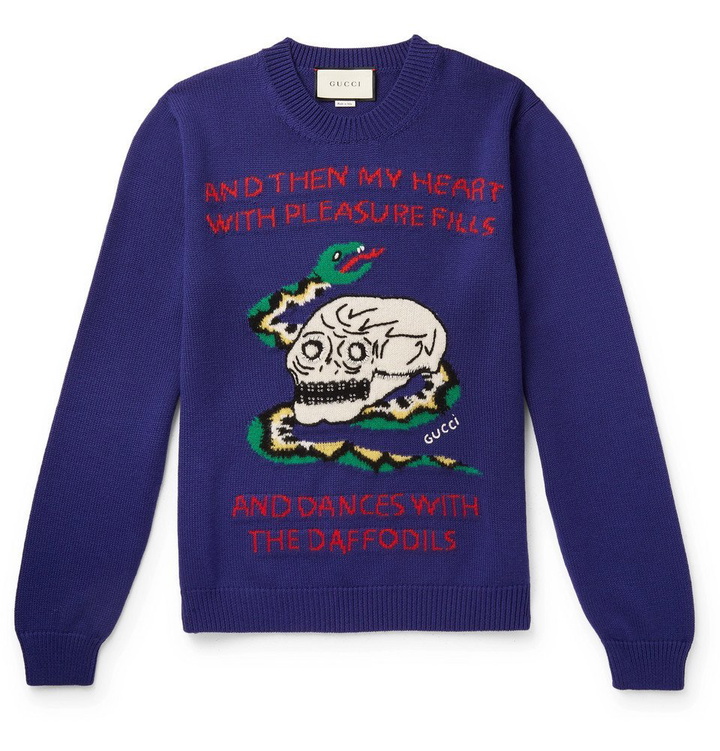 Photo: Gucci - Embellished Intarsia Wool and Cotton-Blend Sweater - Indigo