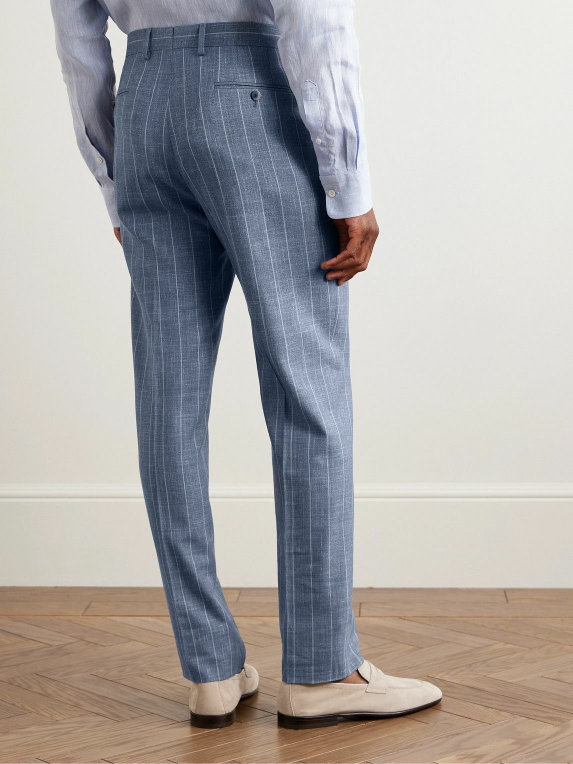 Caruso - Slim-Fit Striped Wool, Silk and Linen-Blend Suit Trousers - Blue