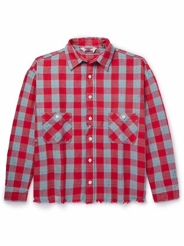 Photo: SAINT Mxxxxxx - Distressed Checked Cotton-Flannel Shirt - Red