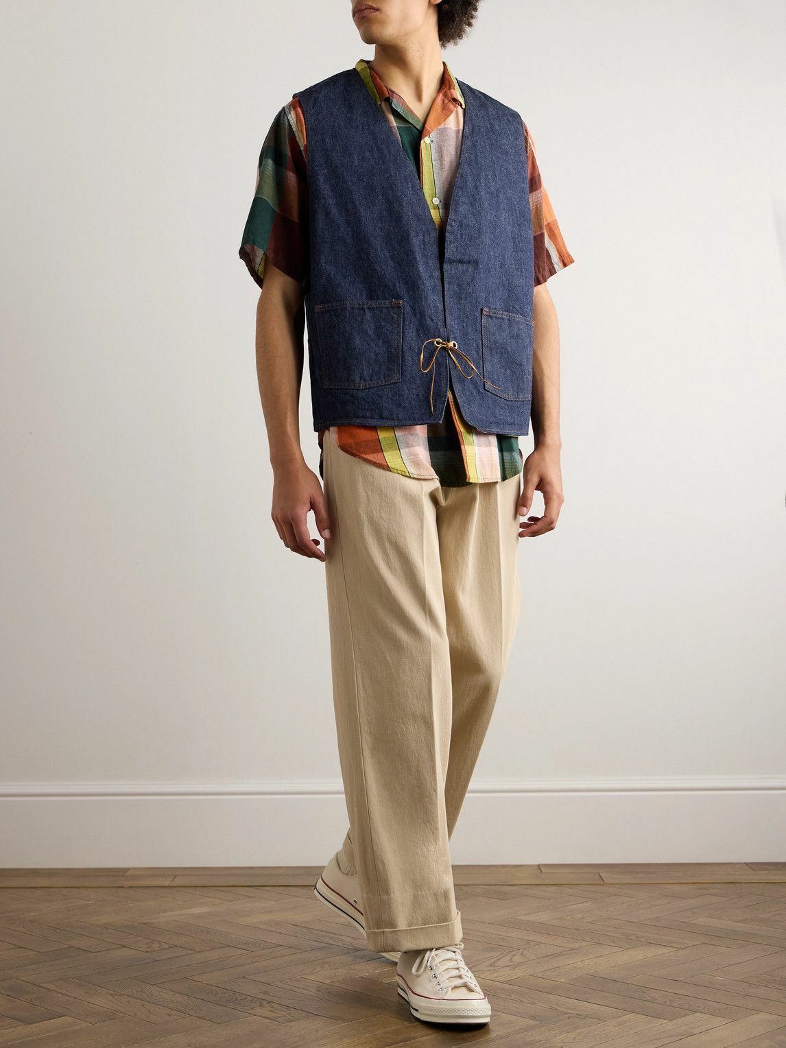 OrSlow - Hippie's Reversible Denim and Checked Cotton and Linen-Blend Gilet - Blue