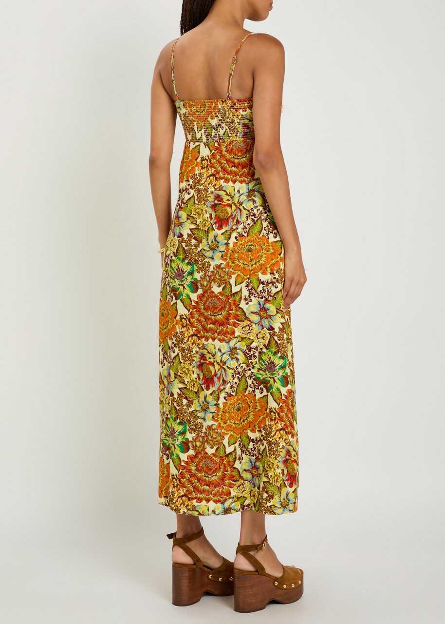 Alemais Lana Floral-print Fringed Linen Midi Dress Multicoloured