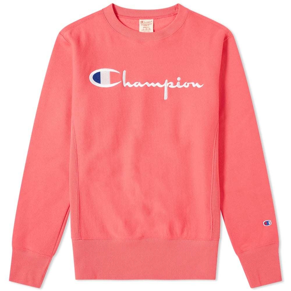 Photo: Champion Reverse Weave Script Logo Crew Sweat Fluo Pink