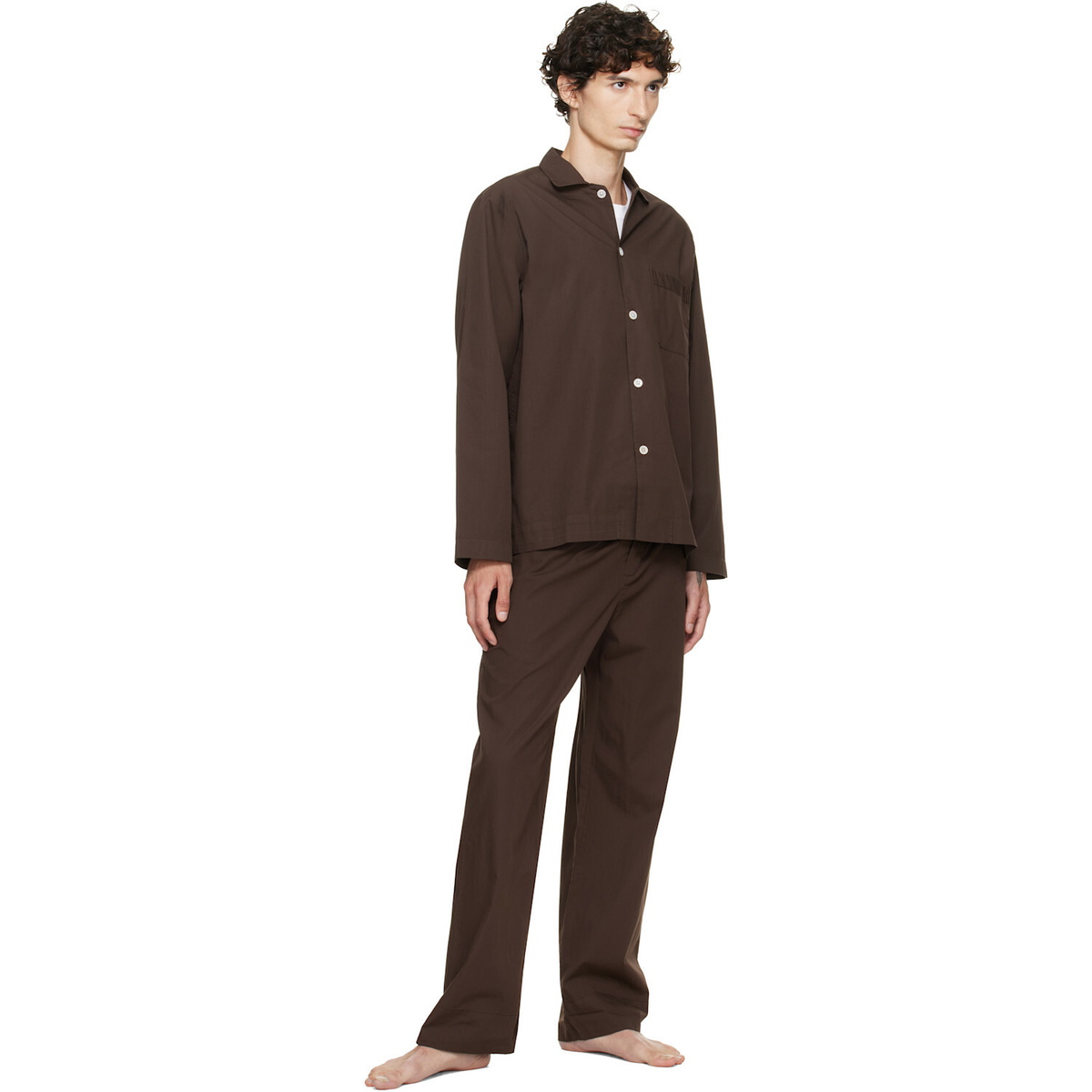 Tekla Brown Poplin Long-Sleeved Pyjama Shirt