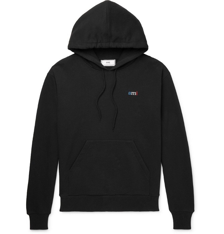 Photo: AMI - Embroidered Loopback Cotton-Jersey Hoodie - Black