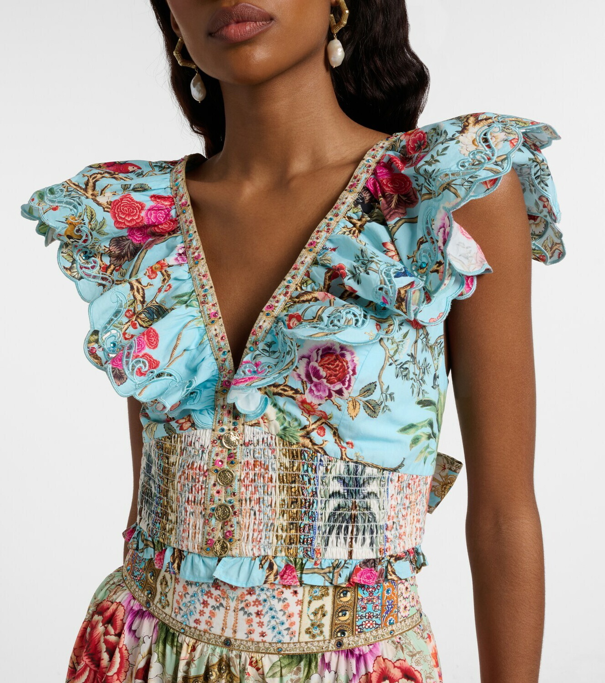 Camilla Embellished floral cotton poplin crop top