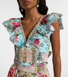 Camilla Embellished floral cotton poplin crop top