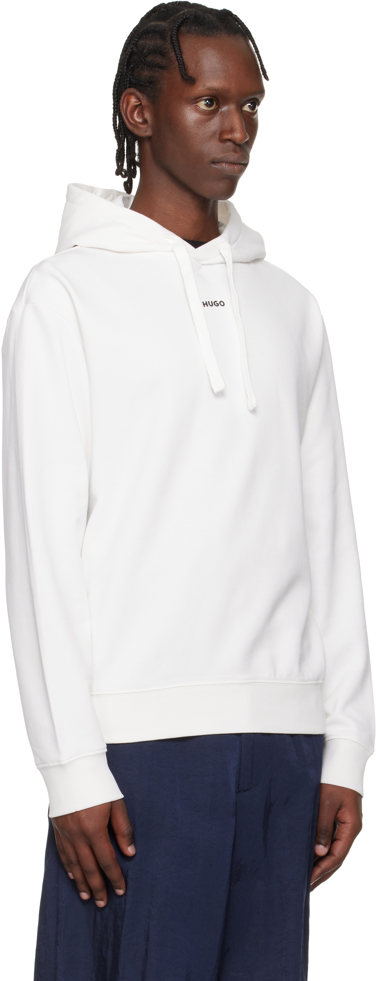 Hugo White Relaxed-Fit Logo Print Hoodie