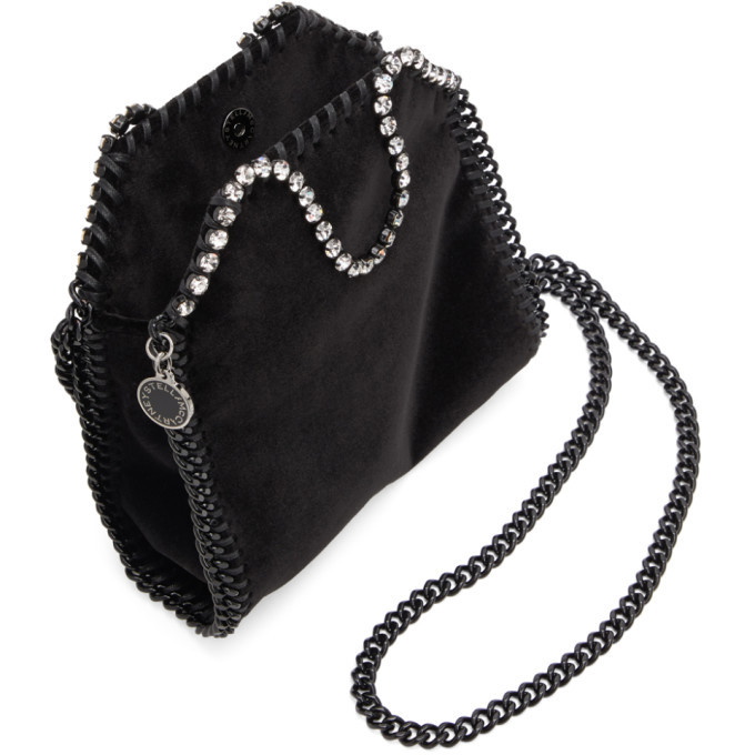 Women Black Falabella Mini Velvet and Crystal Chain Shoulder Bag