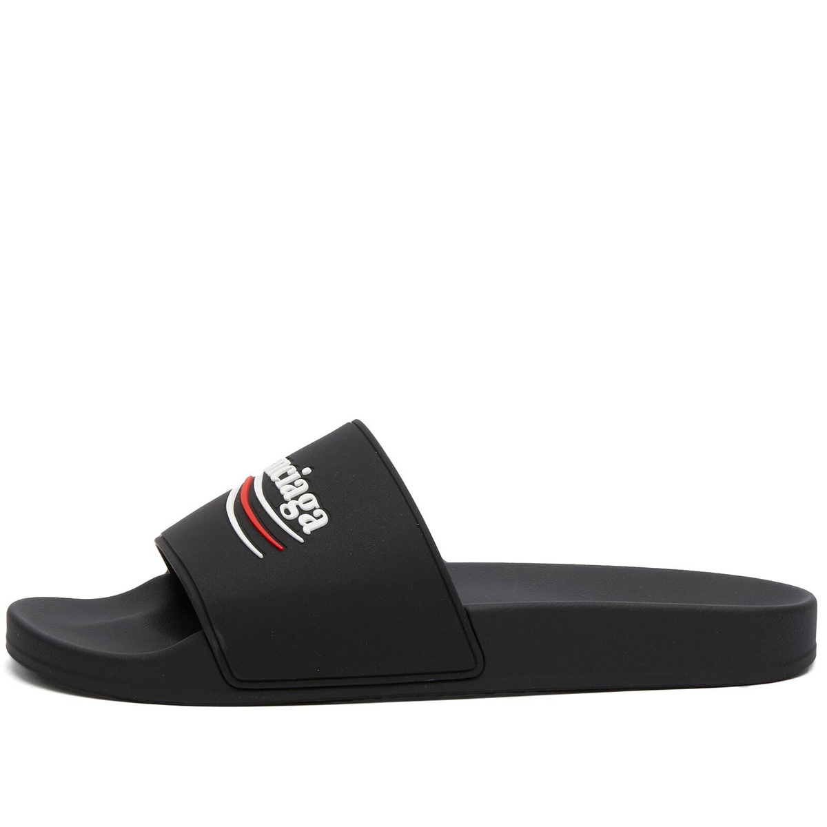 Balenciaga Men s Political Logo Pool Slide in Black White Red