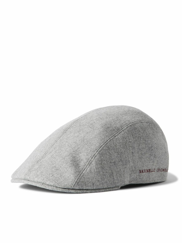 Photo: Brunello Cucinelli - Logo-Embroidered Virgin Wool-Flannel Flat Cap - Gray