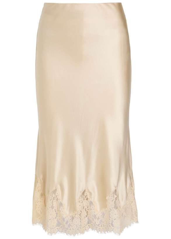 Photo: Reformation Carolina Lace-trimmed Silk-satin Midi Skirt Beige