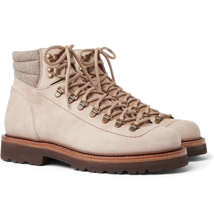 Photo: Brunello Cucinelli - Mélange Wool- and Leather-Trimmed Nubuck Boots - Neutrals