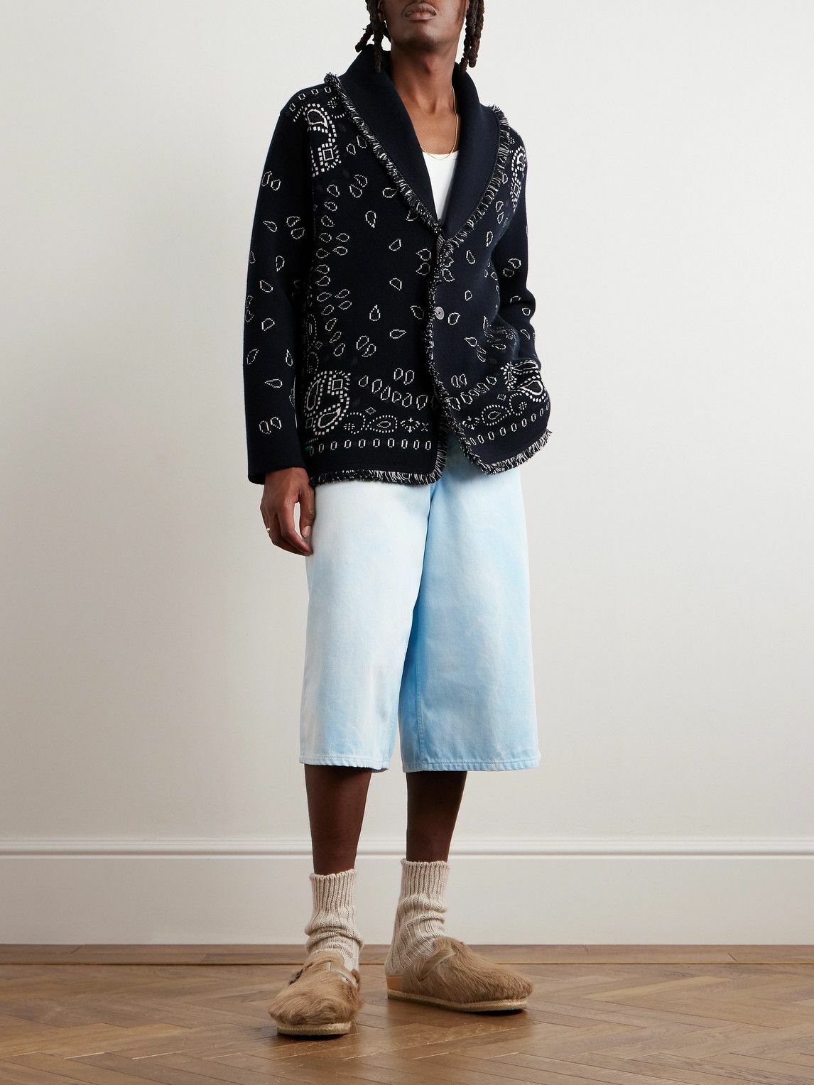 Alanui - Shawl-Collar Fringed Bandana-Jacquard Cashmere Cardigan - Blue
