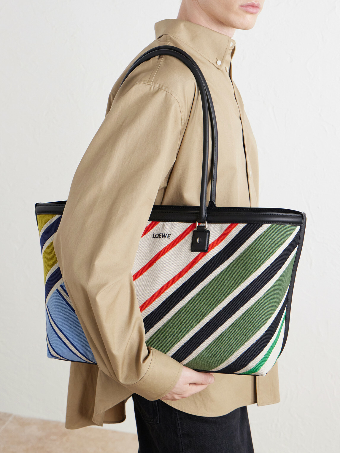 LOEWE - Verano Logo-Embroidered Striped Leather-Trimmed Canvas Tote