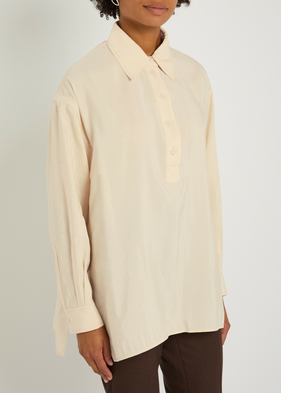 Nanushka Linka Crinkled Poplin Polo Shirt Cream