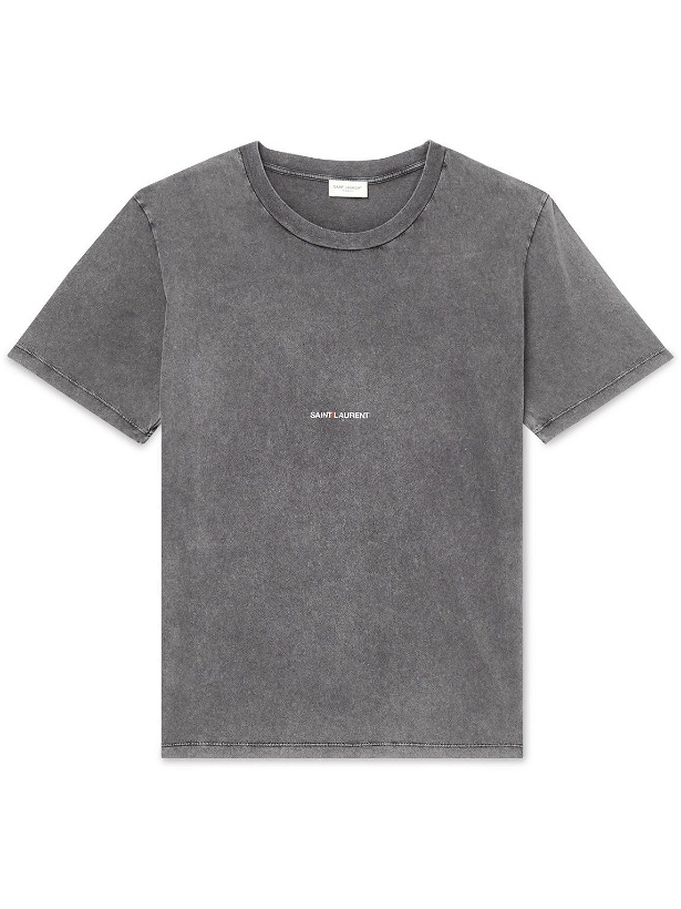 Photo: SAINT LAURENT - Distressed Logo-Print Cotton-Jersey T-Shirt - Gray