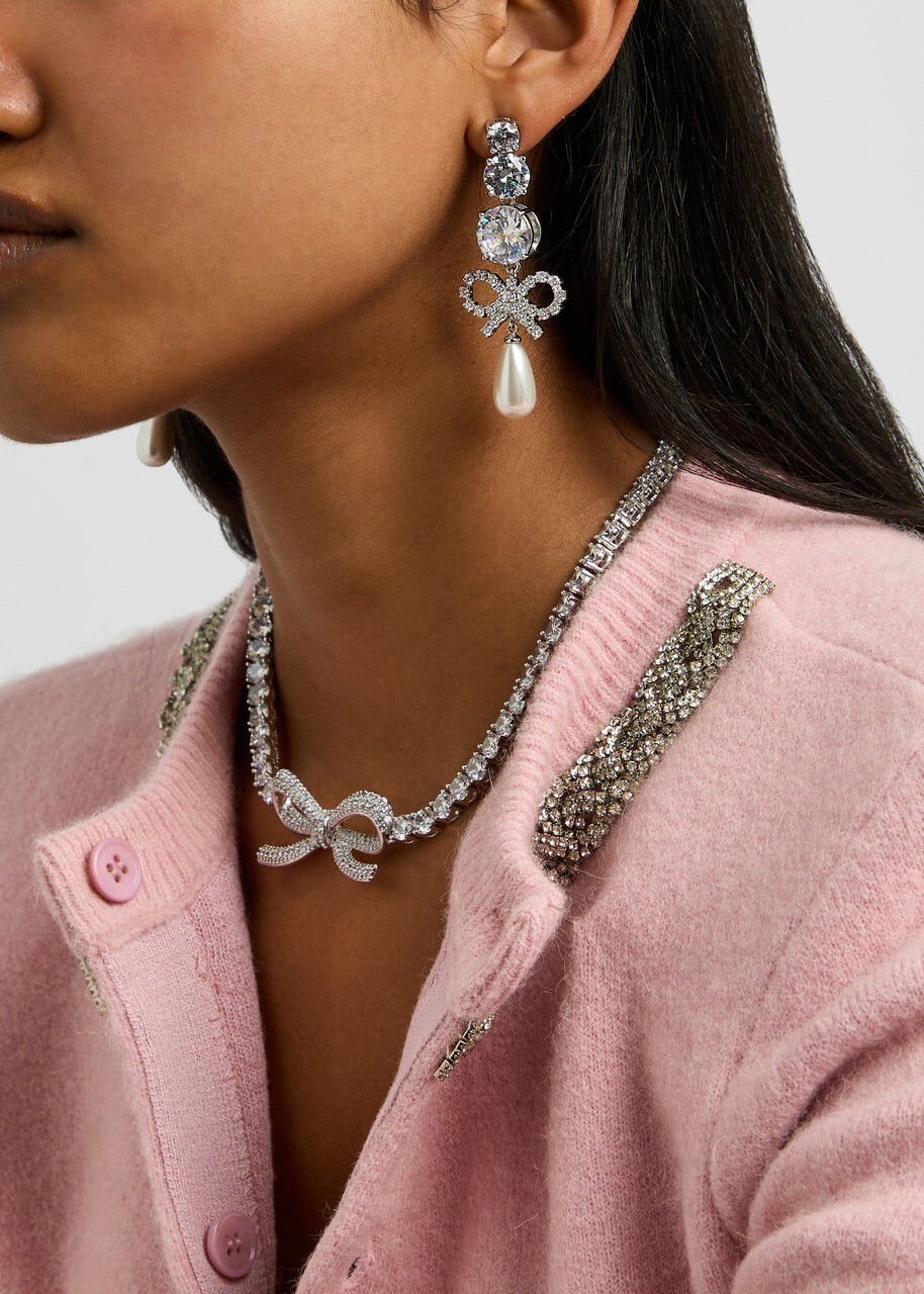 Self-portrait Crystal-embellished bow Drop Earrings - Silver - One Size