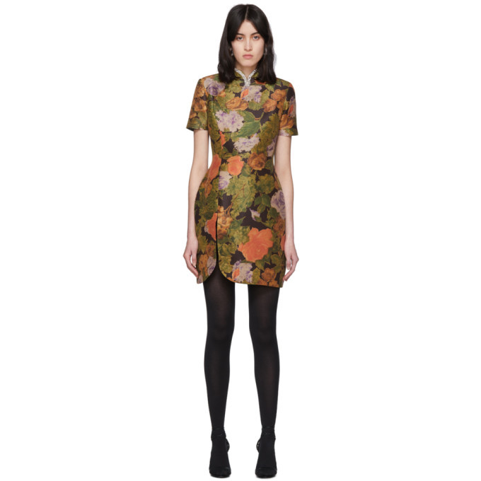 Richard Quinn Brown Floral and Crystal Short Dress
