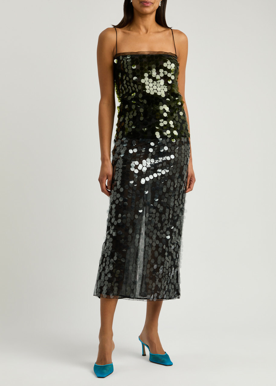 16 Arlington Suero Sequin-embellished Tulle top Dark Green