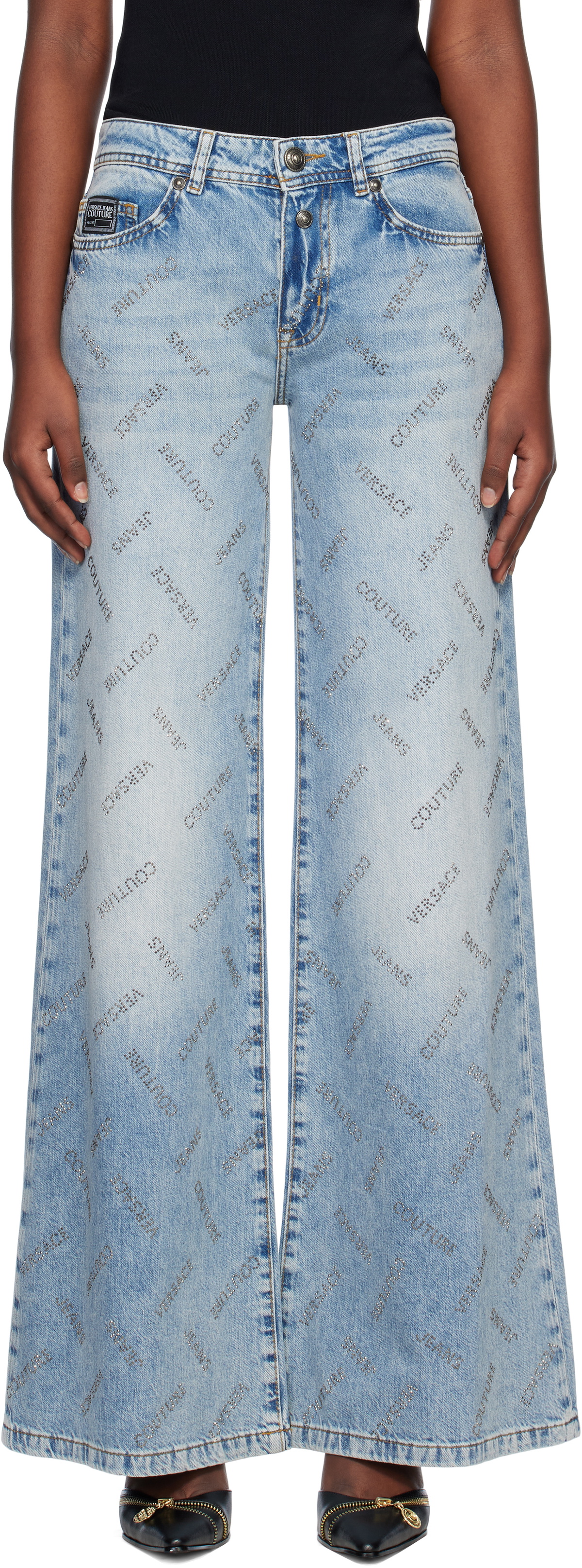 Versace Jeans Couture Blue Crystal Logo Flared Jeans Versace