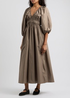 Matteau Smocked Cotton Midi Dress Khaki