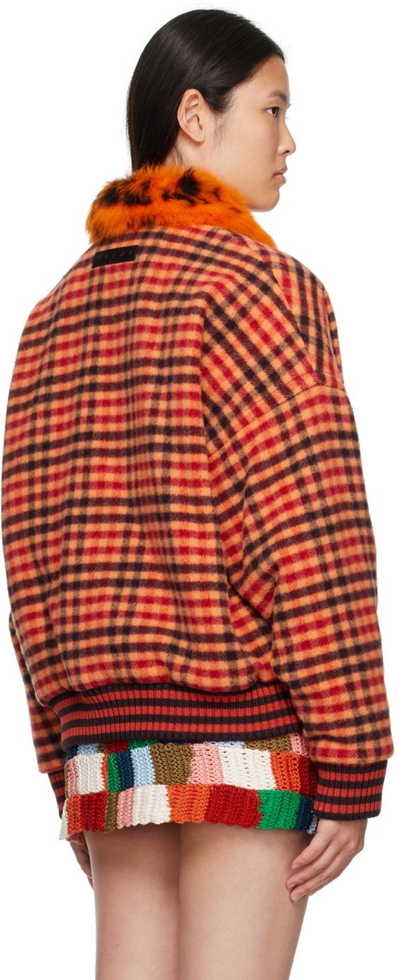 Marni Orange Check Shearling Bomber Jacket Marni