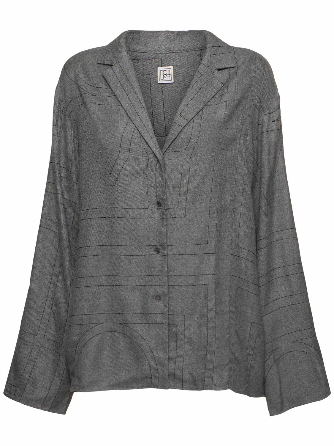 SS25【TOTEME】Loose Black Flannel Top with stripes Monogram flannel pj top black – TOTEME
