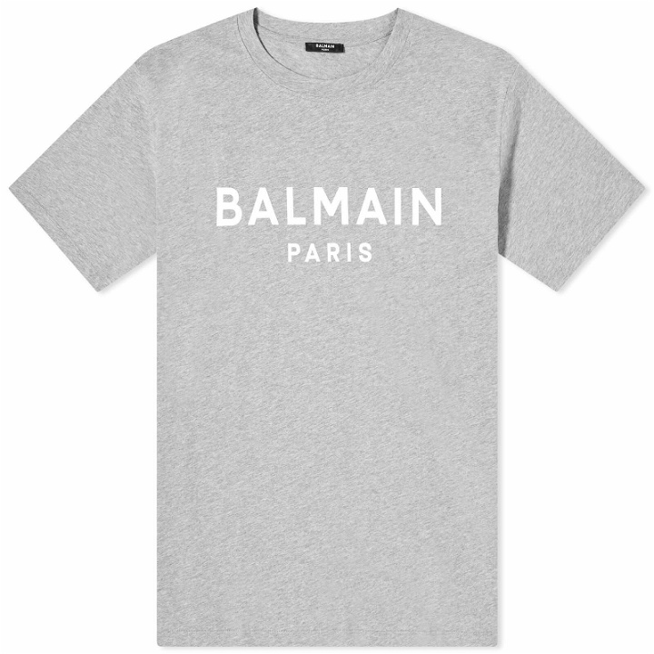 Photo: Balmain Men's Paris Logo T-Shirt in Grey Marl/White