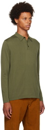 Sunspel Khaki Spread Collar Long Sleeve Polo