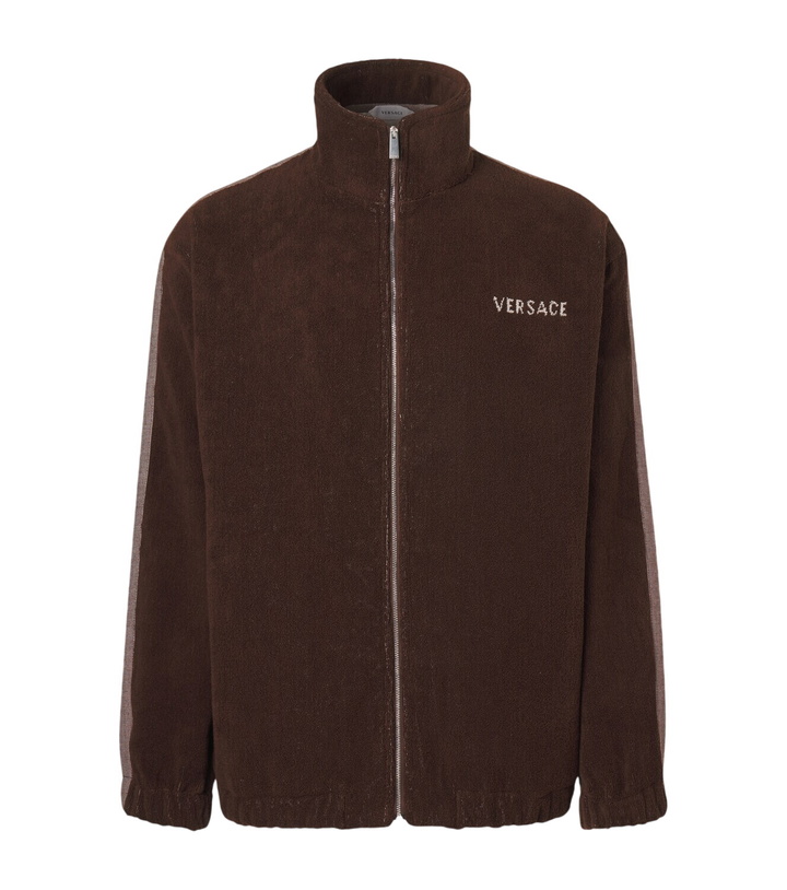 Photo: Versace Logo cotton terry zip-up sweatshirt