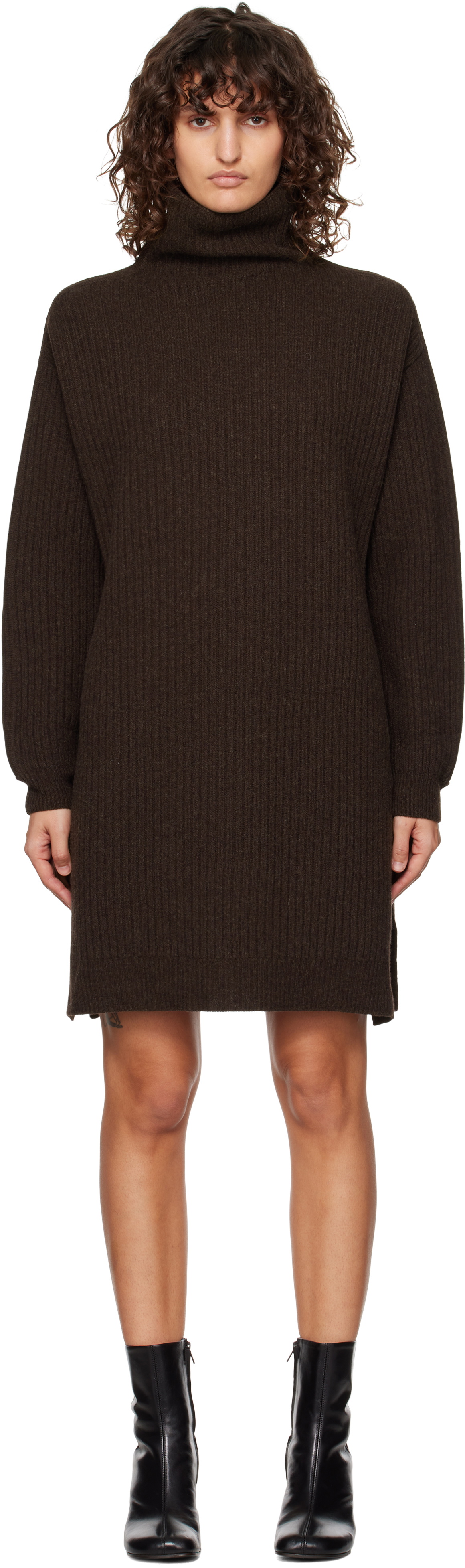 high neck brown midi dress Brown Knit Dress High Neck Midi main image 1