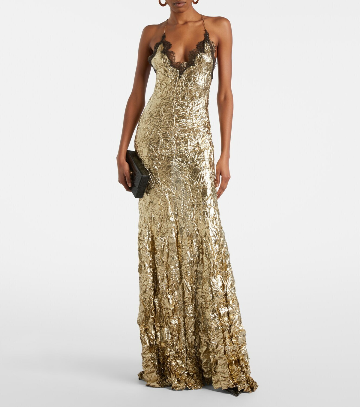 Roberto Cavalli Lace-trimmed silk-blend gown