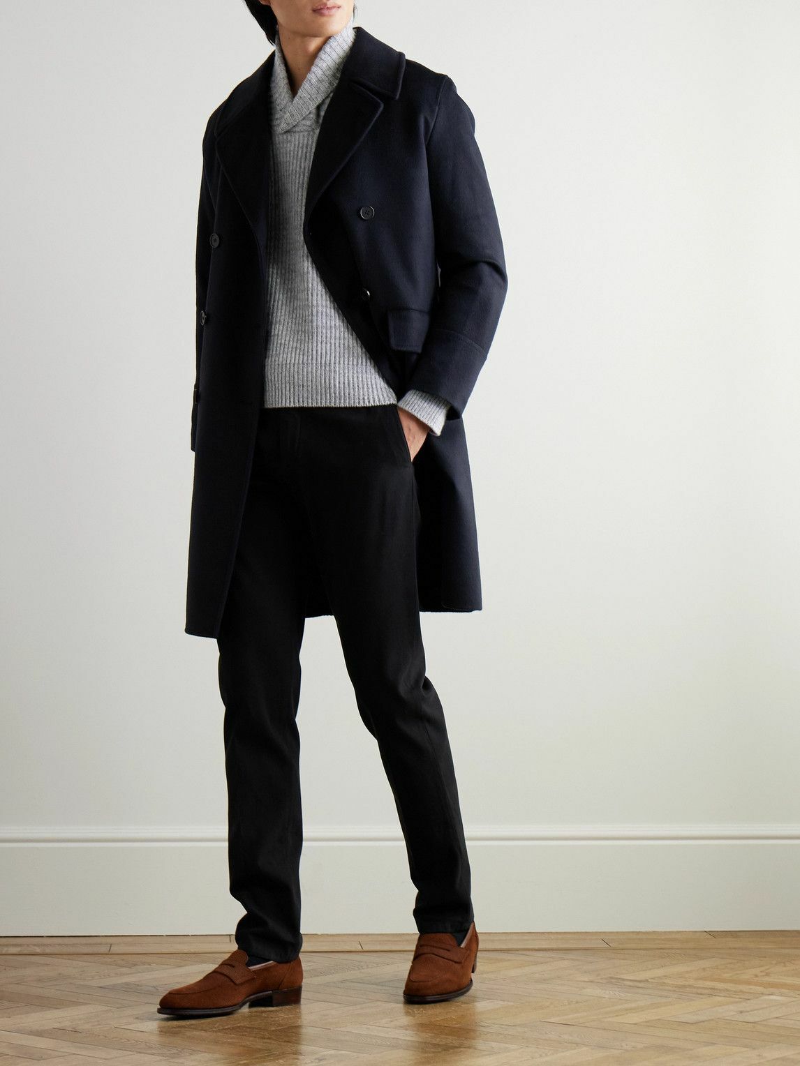 Kingsman - Shawl-Collar Ribbed Wool Sweater - Gray