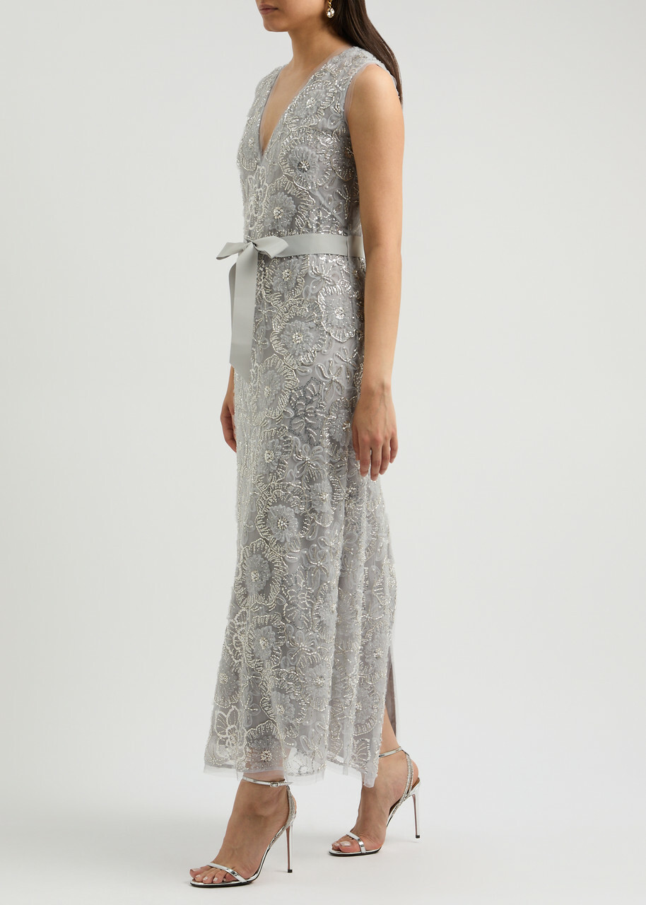 Huishan Zhang Esma Embellished Tulle Maxi Dress Silver