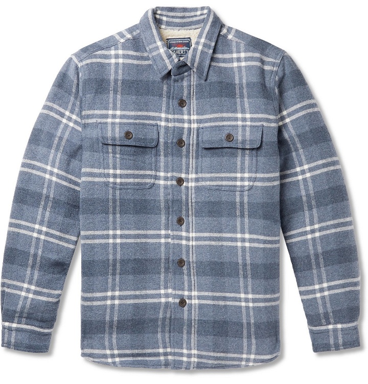 Photo: Faherty - Faux Shearling-Lined Checked Cotton and Wool-Blend Overshirt - Blue