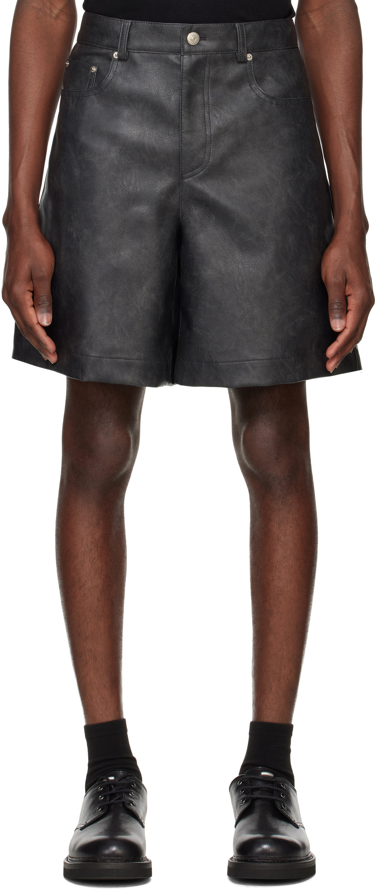 System Black Lined Faux-Leather Shorts