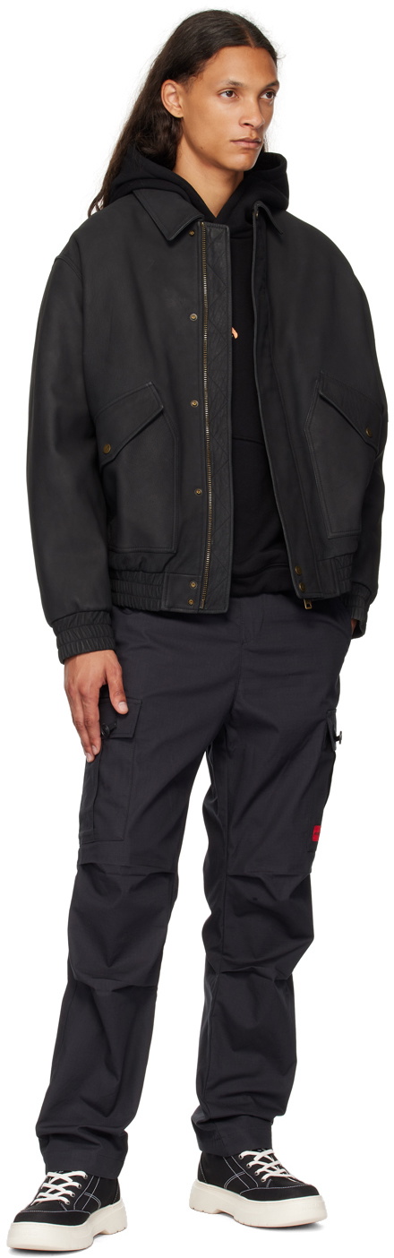 Hugo Black Pointed Collar Leather Bomber Jacket
